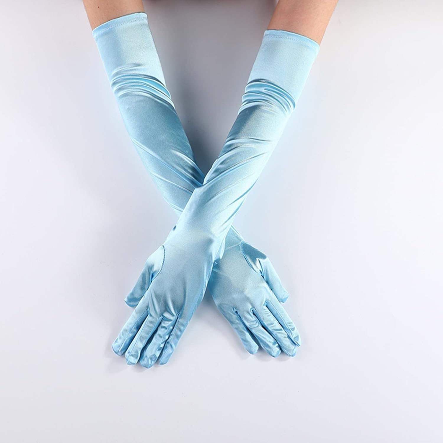 FancyDressWale Long Satin Gloves for Women, Elegant Opera Party, Elbow-Length Finger for Dance, Costume, and Cosplay (Sky Blue, Standard) - Image 2 thumbnail