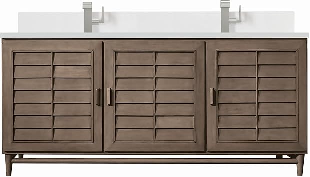 James Martin Vanities 620-V72-1WZ Portland 72" Double Basin Wood Vanity Set with 3cm White Zeus Silestone Quartz Vanity Top, Backsplash and Rectangular Sinks - Whitewashed Walnut