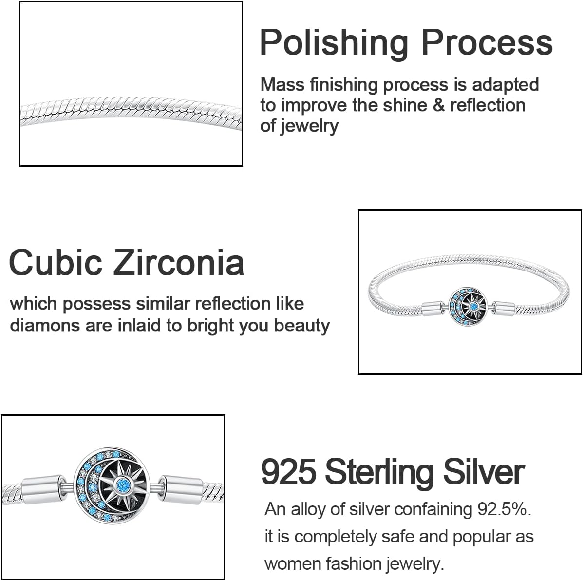 Sun Moon Charm Bracelet 925 Sterling Silver Snake Chain Charm Bracelet with 5A Cubic Zirconia Valentine's Day Mother's Day Jewelry Gift for Womens Girls, 20cm/7.9in