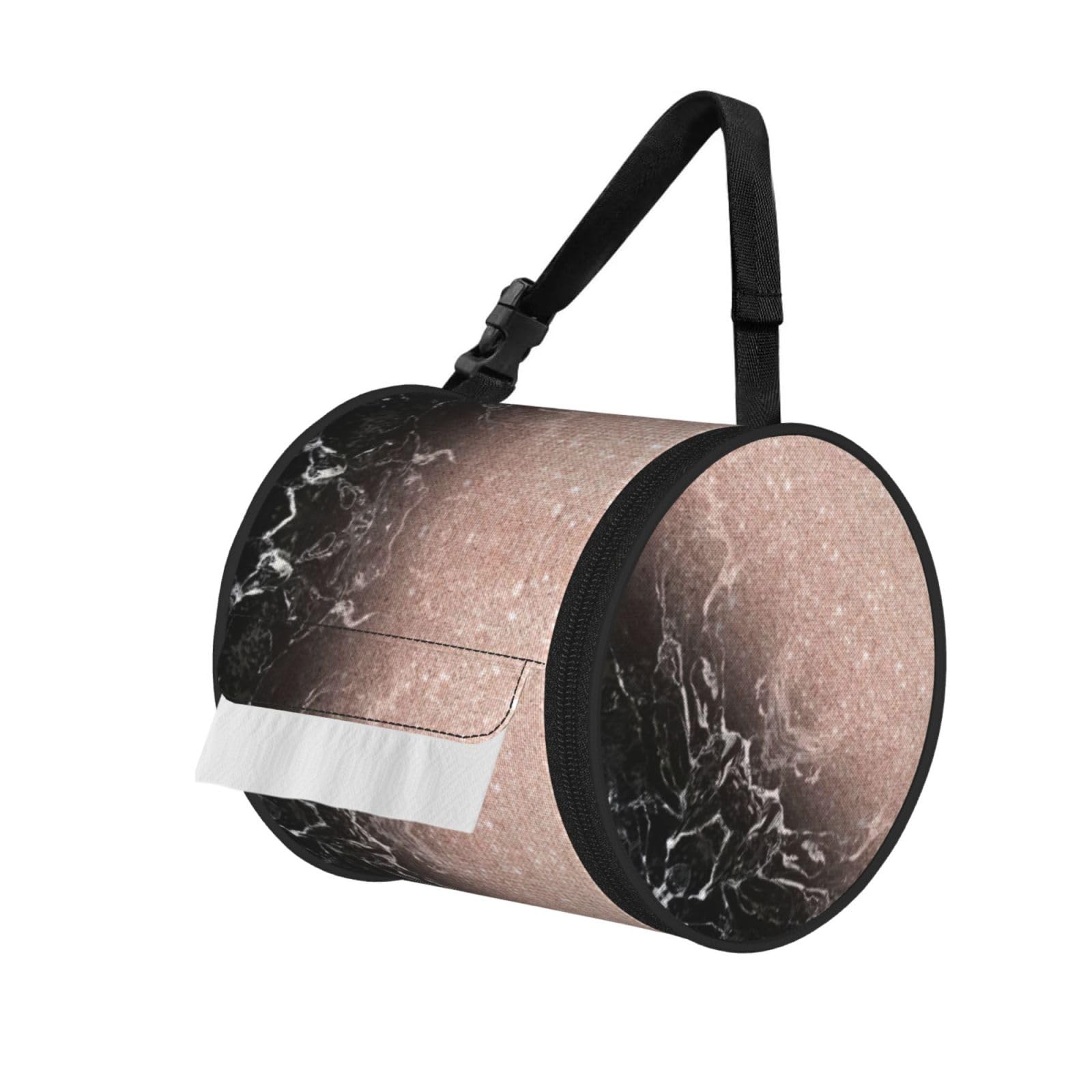 Marble Color Rose Gold Print Round Paper Tissue Holder With Shoulder Strap, Portable Roll Case For Caravan Travel Use