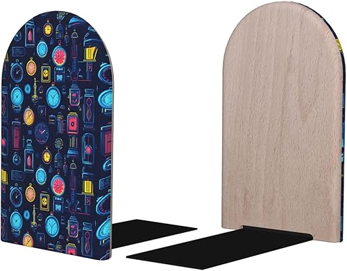 Book Ends for Shelves 1 Pair - Retro Clock Colorful Print Wood with Metal Base Bookends for Heavy Books, Book Stand Organizer Holder for Books