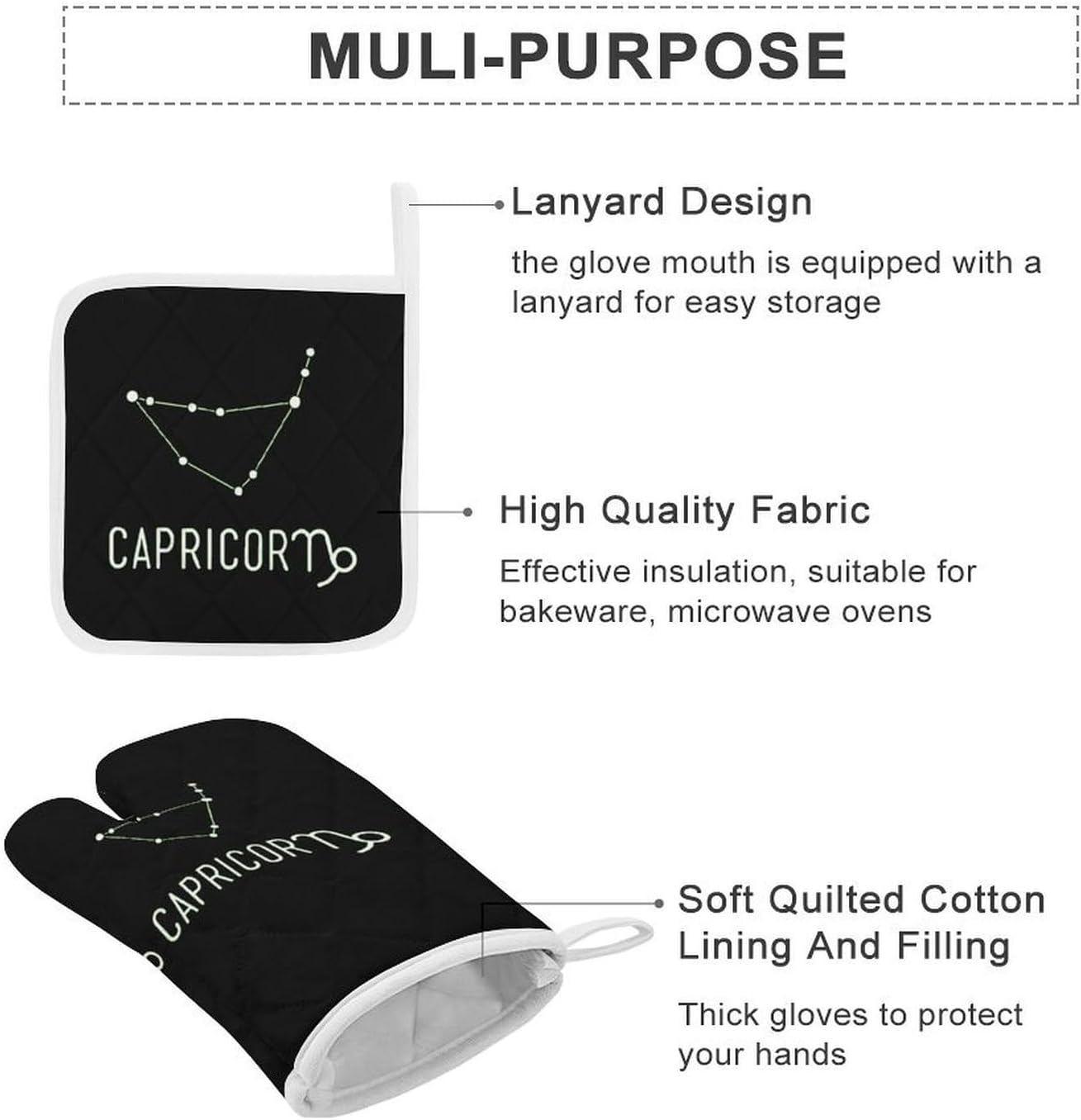 Capricorn Constellation Oven Mitts and Pot Holders 4Pcs Set Heat Resistant Cooking Mitts Hot Pads