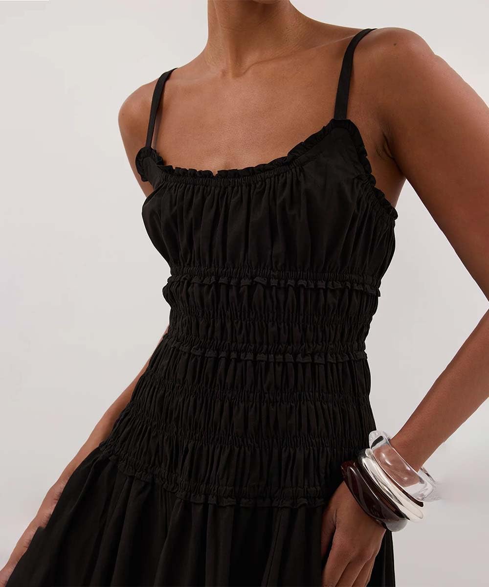 Women Spaghetti Strap Maxi Dress Sleeveless Scoop Neck Ruffle Tiered Elastic Casual Boho Flowy Dress