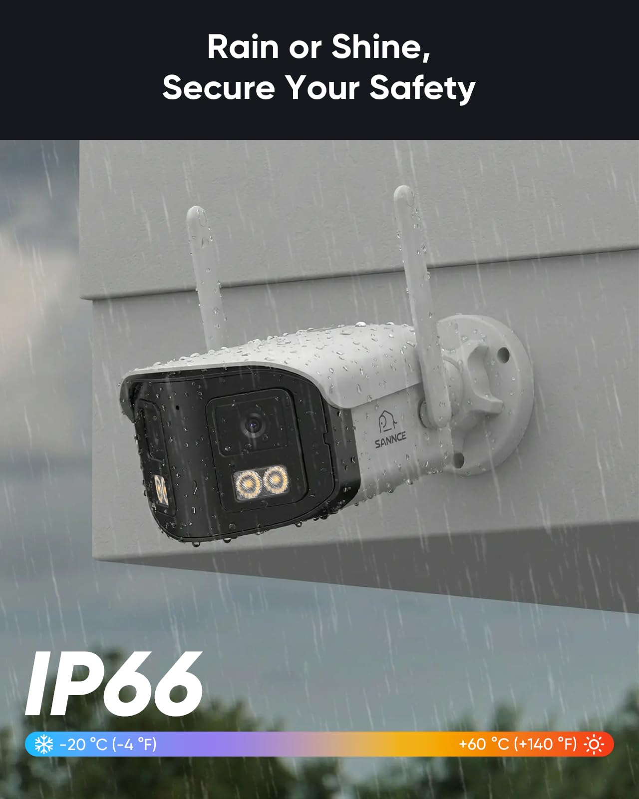 SANNCE 4MP Cámara Vigilancia WiFi Exterior & Interior con Doble Lente, 64GB microSD, WiFi 6, Visión Nocturna Color, Audio Bidireccional, Alarma Personas, Zoom Digital 10X, IP66, Grabación 24/7