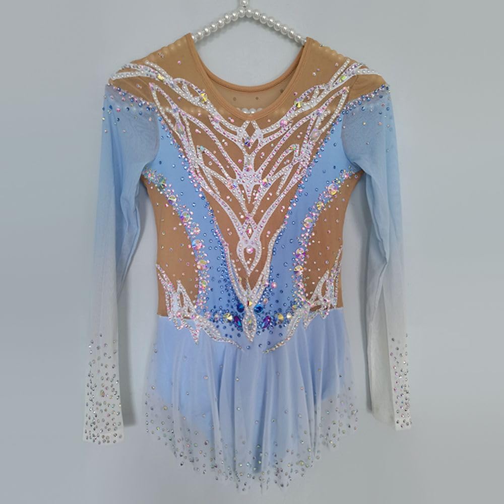 LIUHUO Maillot de gimnasia rítmica azul claro manga larga con diamantes rendimiento de competición