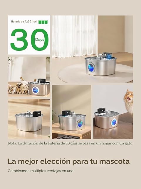 Foto 2 de 8 de Fuente para Gatos de Acero Inoxidable con 3 Modos de Funcionamiento: Fuente inalámbrica de 3,2 L para Gatos