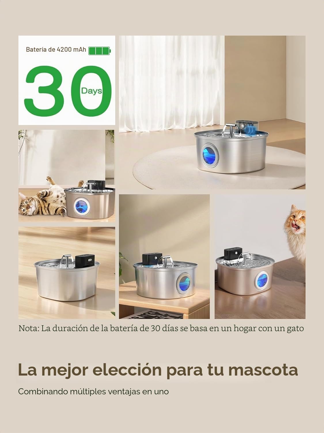 Fuente para Gatos de Acero Inoxidable con 3 Modos de Funcionamiento: Fuente inalámbrica de 3,2 L para Gatos, Bomba ultrasilenciosa y diseño de Boquilla Doble, con 3 Juegos de filtros