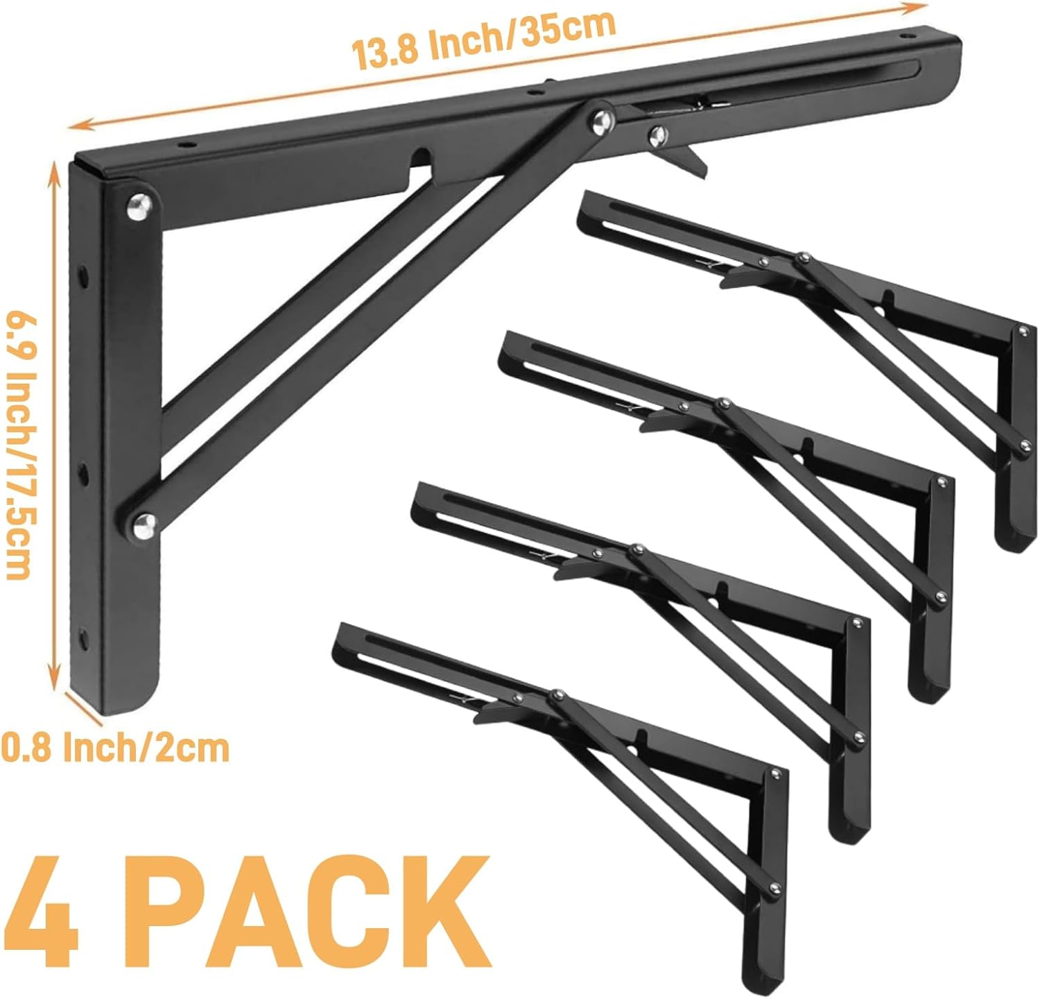 RHBLME 4 Pack Folding Shelf Brackets, 14 Inch Folding Brackets Folding Shelf Brackets Heavy Duty, Max Load 300 lb, Cold Rolled Steel Countertop Extension Fold Down with Mounting Screws