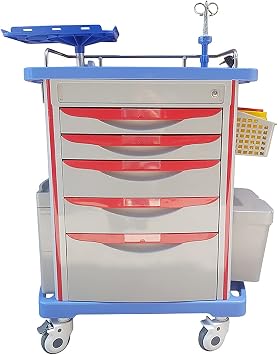 Mobile Emergency Cart,Medical Crash Cart with Emergency Accessory,Emergency Hospital Crash Cart with Accessory Package, IV Pole, Cardiac Board, Power Strip,Trash Bin, Drawers with Dividers