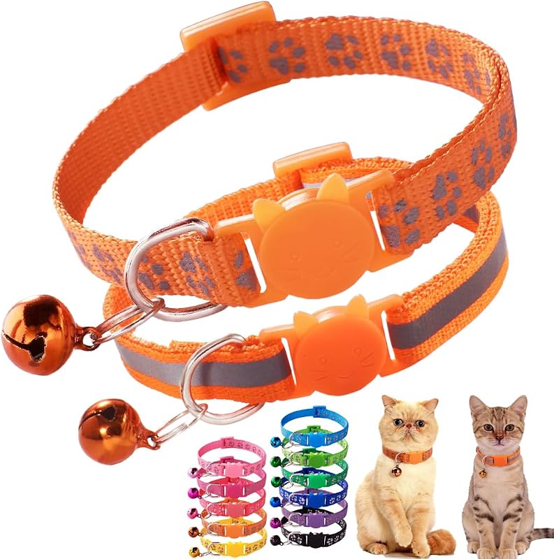 Coleira para Gatos com Fecho de Segurança, Faixa Refletiva e Guizo Hotlion Laranja, Pacote com 2