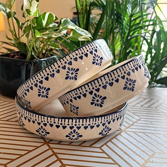 Image of Niyara Stoneware Handmade Ceramic Stylish Premium Serving Bowls, Salad Tray Microwave Dishwasher Safe, Ceramic Flat Serving Bowl Set of 3, Sizes: 600ml, 500ml, 450ml (Salad Chivalry)