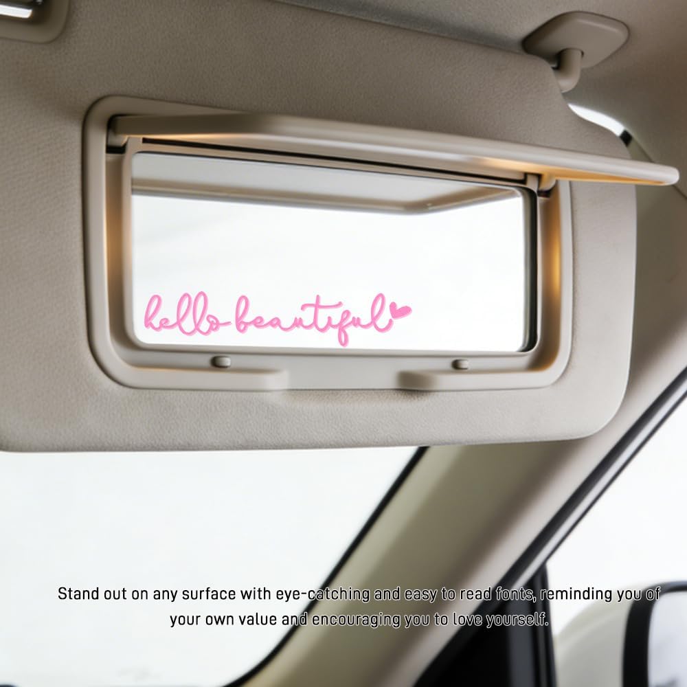 3PCS Hello Beautiful Mirror Decal, Rear View Mirror Sticker, Vinyl Car Rearview Mirror Sticker and Decal, Car Vanity Accessories for Women Self Affirmations Mirror Window Decal (Light Pink) image 3