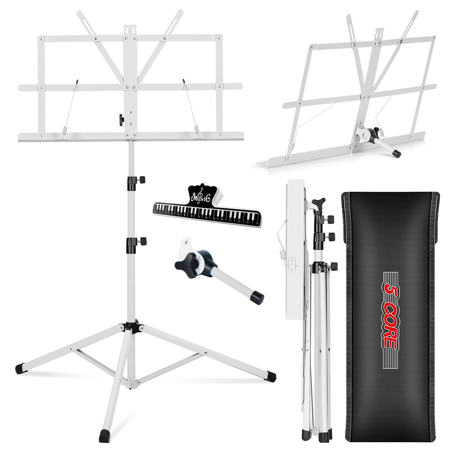 5 CORE Sheet Music Stand 2 in 1 Dual Use Professional Portable Adjustable 25-52 Inch Folding Music Note Holder Tripod Stands White MUS FLD WH
