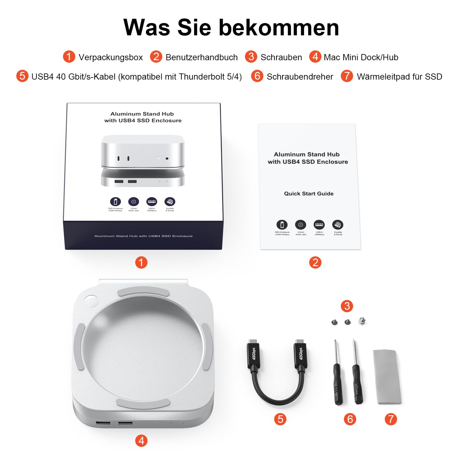 Qwiizlab Mac mini M4/M4 Pro stojak koncentrator z obudową SSD 40 Gb/s USB4 NVMe SSD, host USB-C, 3 USB-A 2.0, dźwięk 3,5 mm, obsługuje M.2 PCIe do 8 TB, kompatybilny z Thunderbolt 4/5