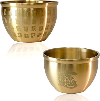 Set of 2 Feng Shui Lucky Bowl,Brass Decorative Offering Prayer Bowl,Money Bowl for Altar,Home Decor, Unique Copper Gifts,Ritual Use.