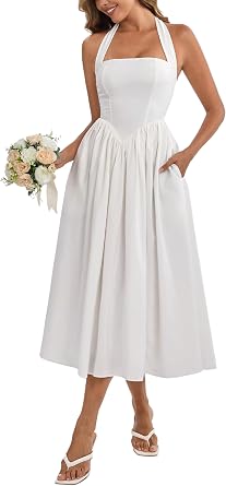 Parthea Womens Halter Corset Wedding Guest Midi Dress | Summer Floral Smocked Flowy A Line Sundress Formal Cocktail Tea Party Bridal Shower Dresses with Pockets