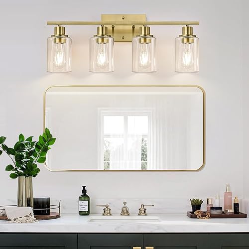 Miniatura 106 de Lámparas de baño de 3 luces, luces de tocador de latón para baño con pantallas de vidrio transparente, modernos apliques de pared de baño