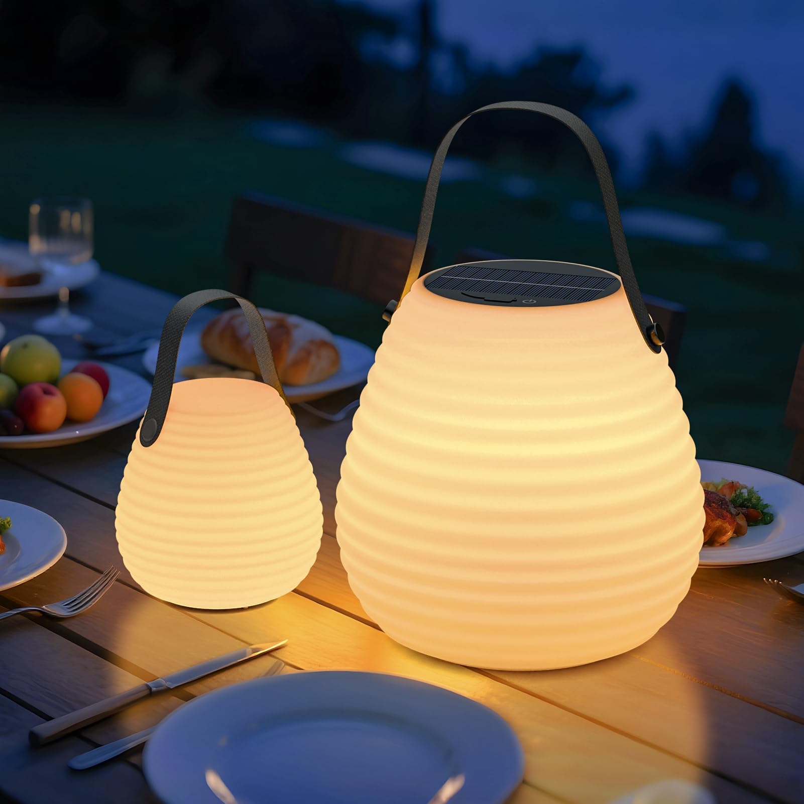 FUYO 2 unidades de lámpara solar LED recargable para exteriores, lámpara de mesa regulable para exteriores con 8 colores, IP44 resistente al agua para exteriores, para casa, jardín, balcón y camping.