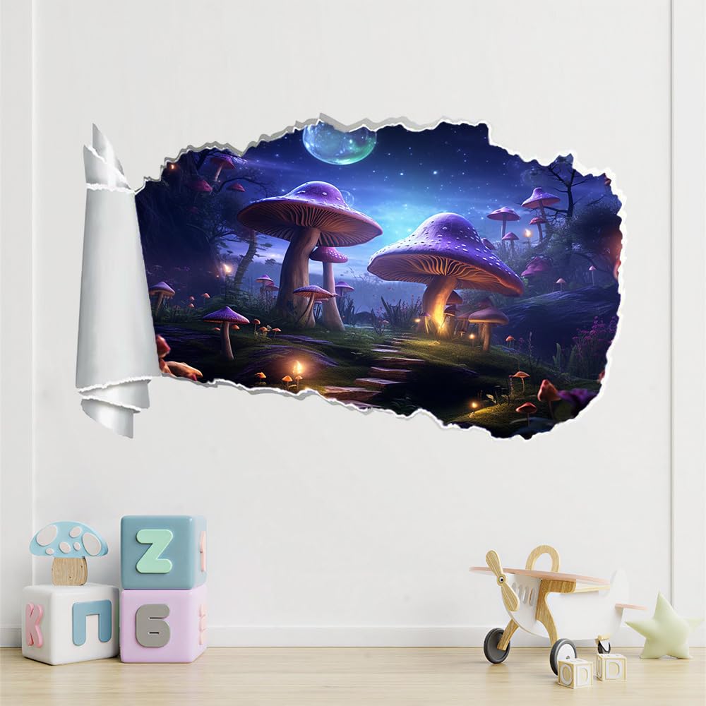 3D Wandaufkleber, Pilzmond Durchbruch Wandtattoos Deko Wand Selbstklebend Nachtansicht, Wand Aufkleber Wanddurchbruch Wandsticker für Zuhause, Schlafzimmer, Wohnzimmer