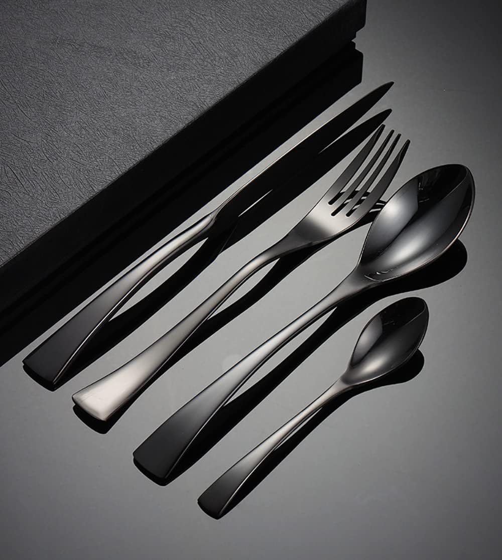 Black Silverware Set for 10 Modern Flatware Cutlery Utensils Set 18/10 Stainless Steel Fishtail Design 40 Piece Tableware Set Include Knives Forks and Spoons for Home Kitchen Wedding Restaurant