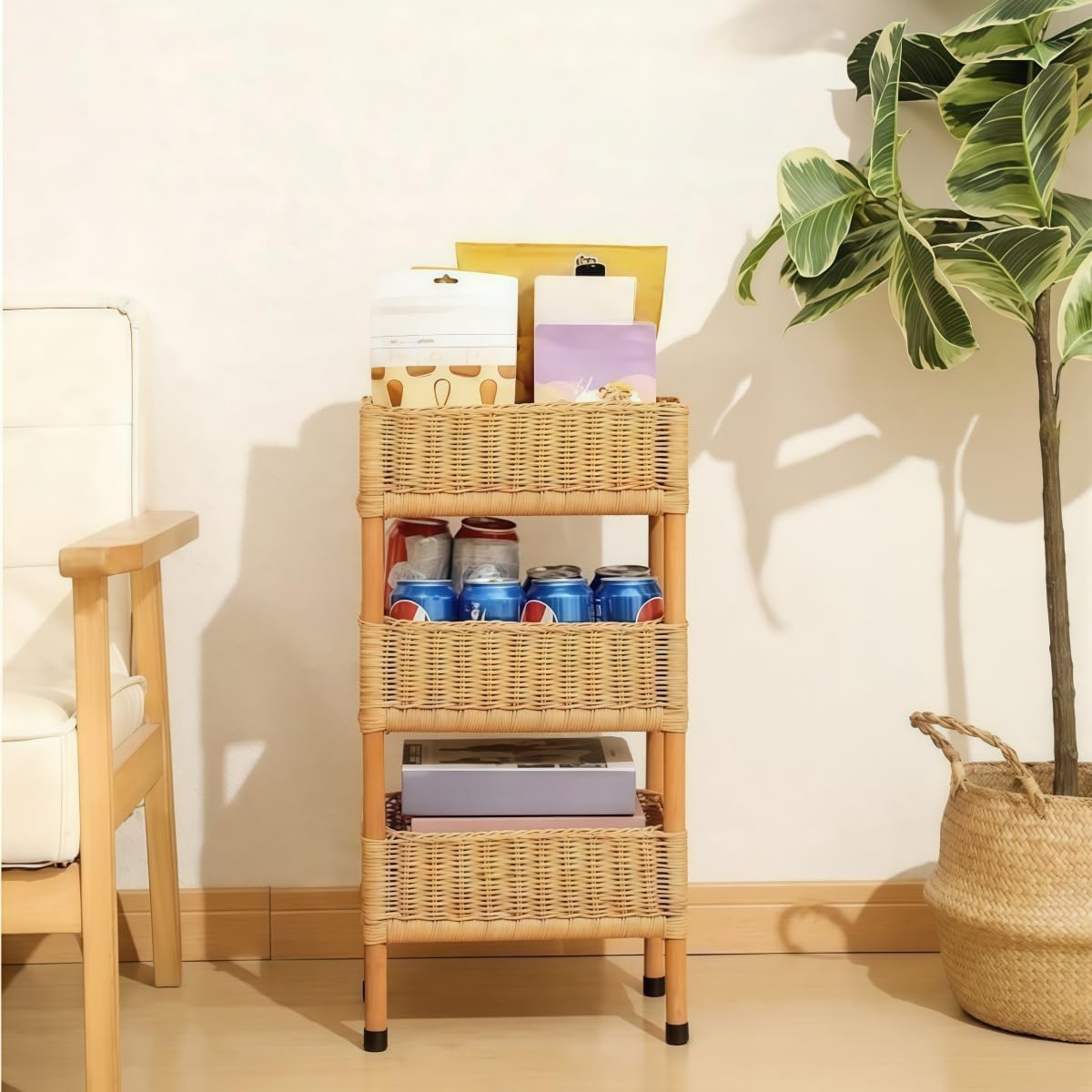3-Tier Rattan Shelving - Hand Woven Rattan Storage Rack Cabinet & Laundry Basket Stand Multi-Functional for Bedroom Living Room | Home Organization Essential (Brown, 23.62 * 7.87 * 11.81in)