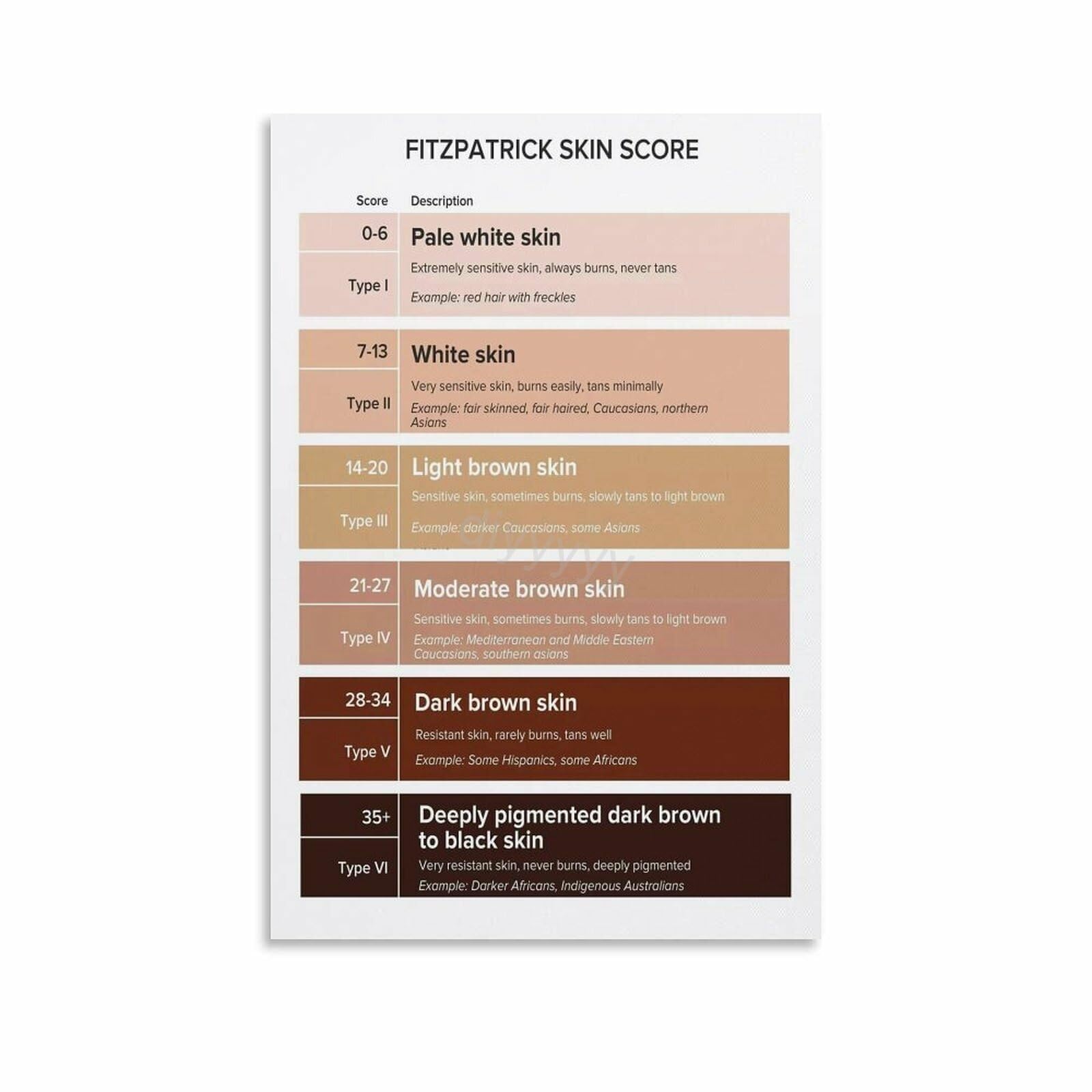 SSOPTMCB 6 Skin Types Tone Scale Classification Poster Dermatologist Approved Beauty Reference Guide Canvas Art for Spa Salon Decor(Unframed,08x12inch(20x30cm))