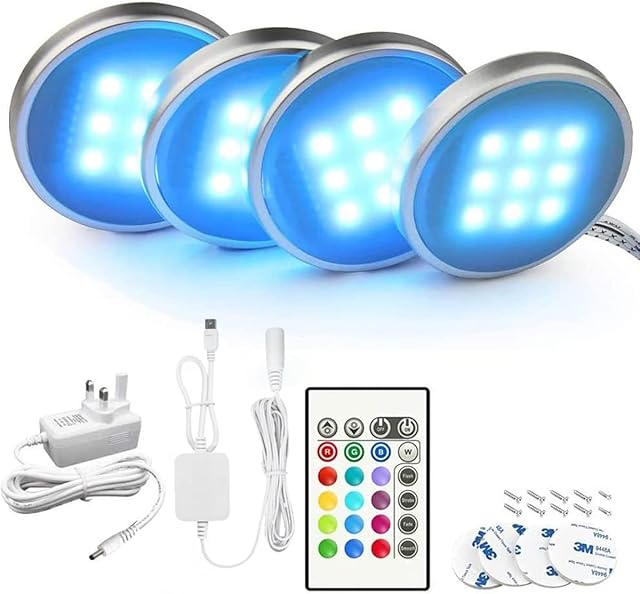 Bason Under Cabinet Kitchen Lights, Under Cupboard Lighting with Remote Control, LED Colour Changing Kitchen Shelf Decoration, for Counter/Bookcase/Closet, 4 Pack