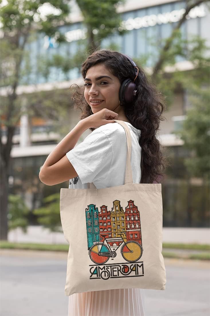 Amsterdam Bike Distressed Retro Style Graphic Art Of Bike & City Reusable Tote Bag Or Souvenir For Cyclist, Bicyclist, Biker, European, Netherlands Travelers & Men & Women Who Travel Europe