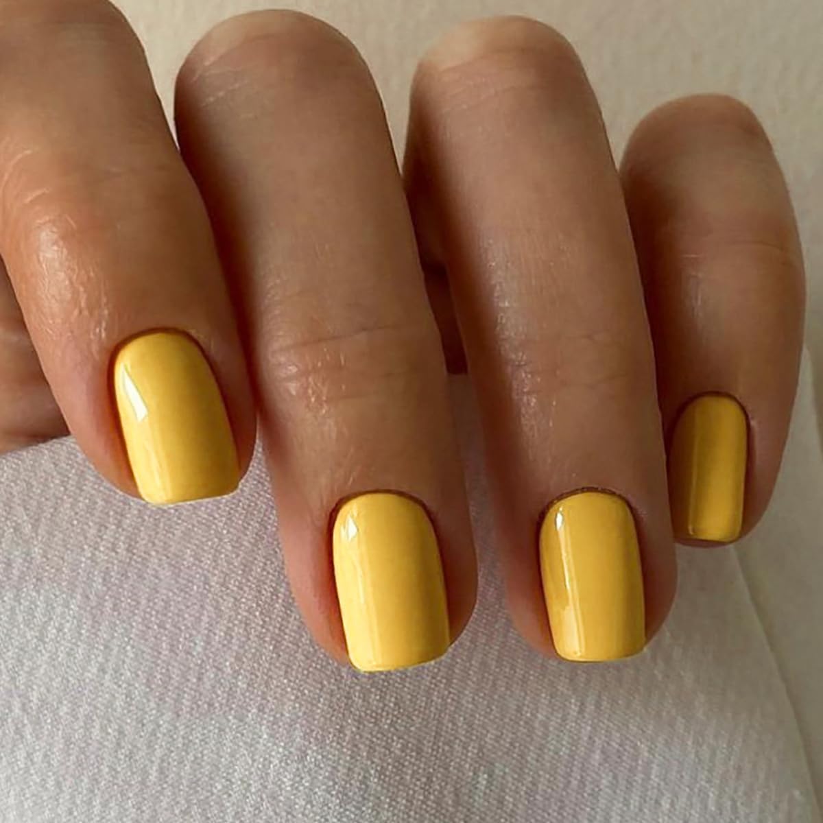 Yellow Press on Nails Short Square Fake Nails Solid Color False Nails Full Cover Glossy Acrylic Nails Reusable Artificial Stick on Nail Glue on Nail