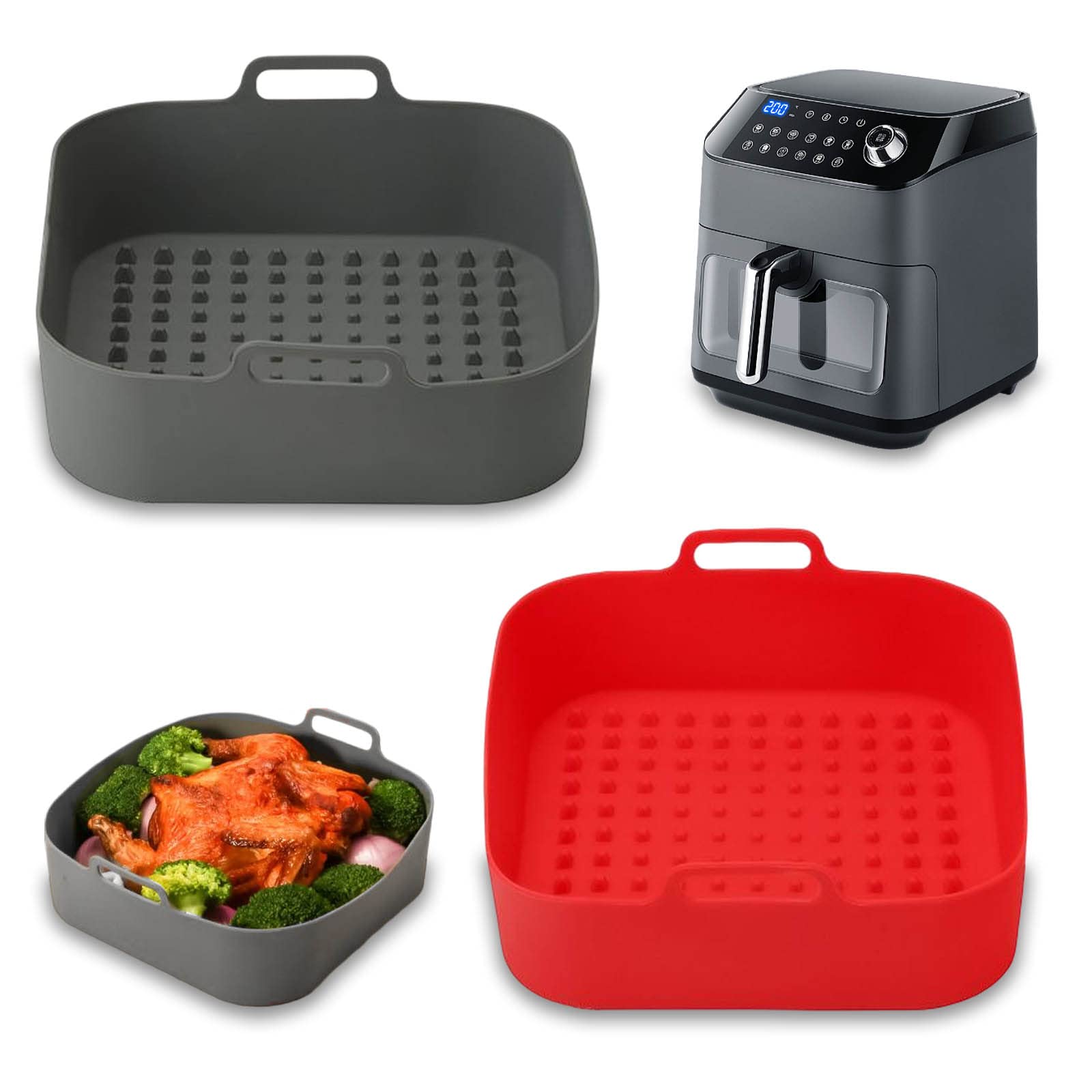 Alyvisun Teglia per Friggitrice ad Aria, 2 Pezzi Stampi Silicone Air Fryer Riutilizzabile Contenitore Teglie Friggitrice Aria Contenitori Cestello Vaschette per Airfryer, Forno, Microonde (Grigio