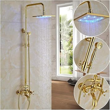 Gold LED Shower System with Hot and Cold Water, Multifunction Double Handle Shower Faucet Set, Square Shower Head, Handheld Shower, Bathtub Faucet, 8 Inch