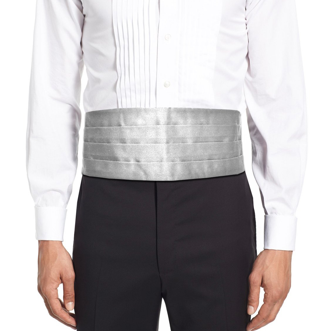 Remo Sartori Made in Italy Men's Solid Color Cummerbund Tuxedo Belt, Four Folded, Silk (Large: Adjustable from 36'' to 44'', Silver)