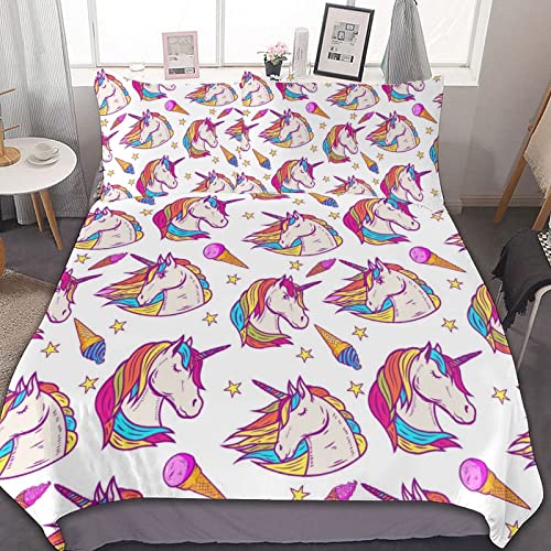 Juego de ropa de cama doble de microfibra de unicornio de dibujos animados, juego de funda de edredón de lujo de calidad de hotel de 3 piezas con cierre de cremallera oculto