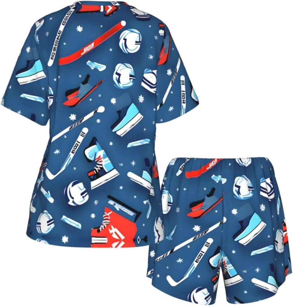 Ice Hockey Print Print Cute Short Sleeve Pajama Set For Women Casual Loungewear With Pockets Four Seasons S-3xl