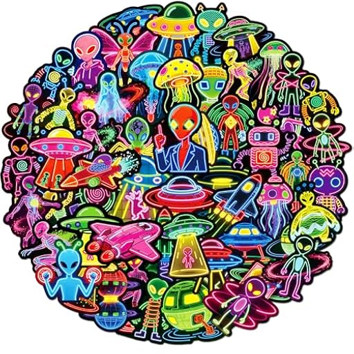 Paquete de 56 calcomanías de alienígena de neón, premios para niños, recompensas de aula, calcomanías de vinilo impermeables para botellas de agua, laptop, álbumes de recortes, monopatín, diario | Ya disponible en tu tienda friki favorita! En mundofriki.es!