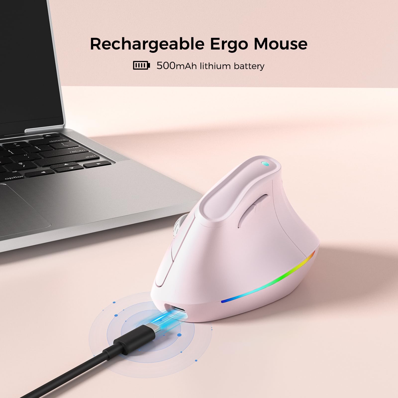 KYSONA Ratón ergonómico inalámbrico recargable de 57°, mouse Ergo silencioso vertical, Bluetooth (BT5.0, BT3.0) y 2.4G, (800/1200/2400/2400/4000), 7 botones para Windows, macOS, iPadOS, portátil, PC,