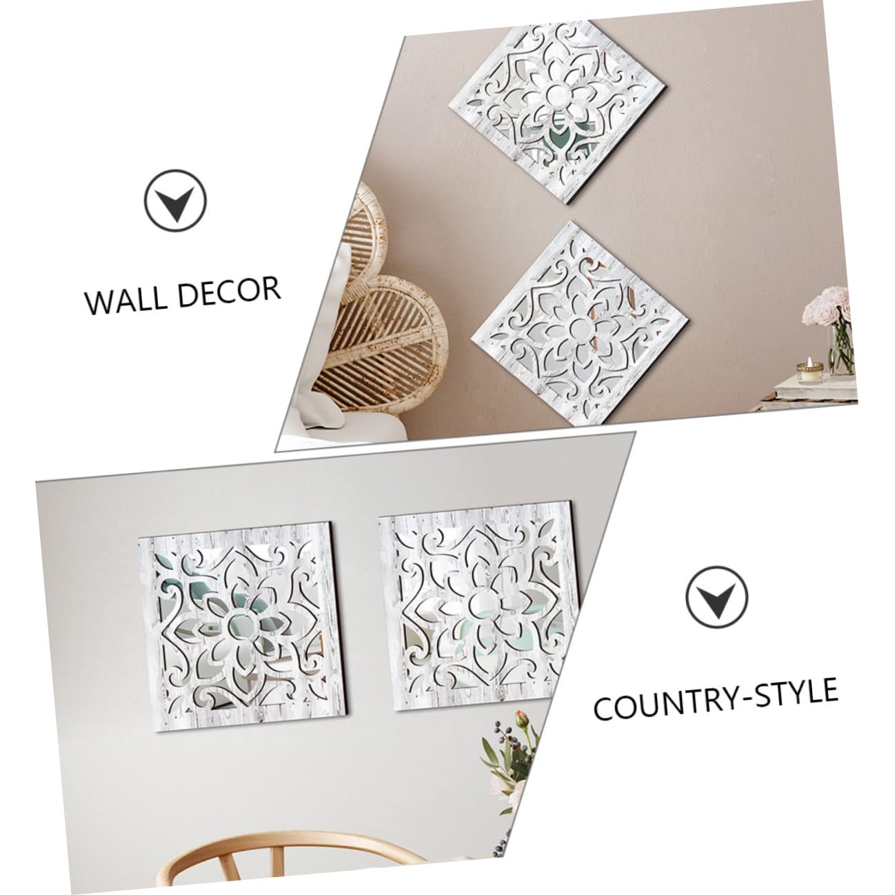 NUOBESTY 2 pezzi Specchio da Parete Quadrato in Acrilico Stile Country Rustico Decorazione Adesiva con Cornice in Legno Specchio Decorativo per Soggiorno Camera e Ingresso da Effetto