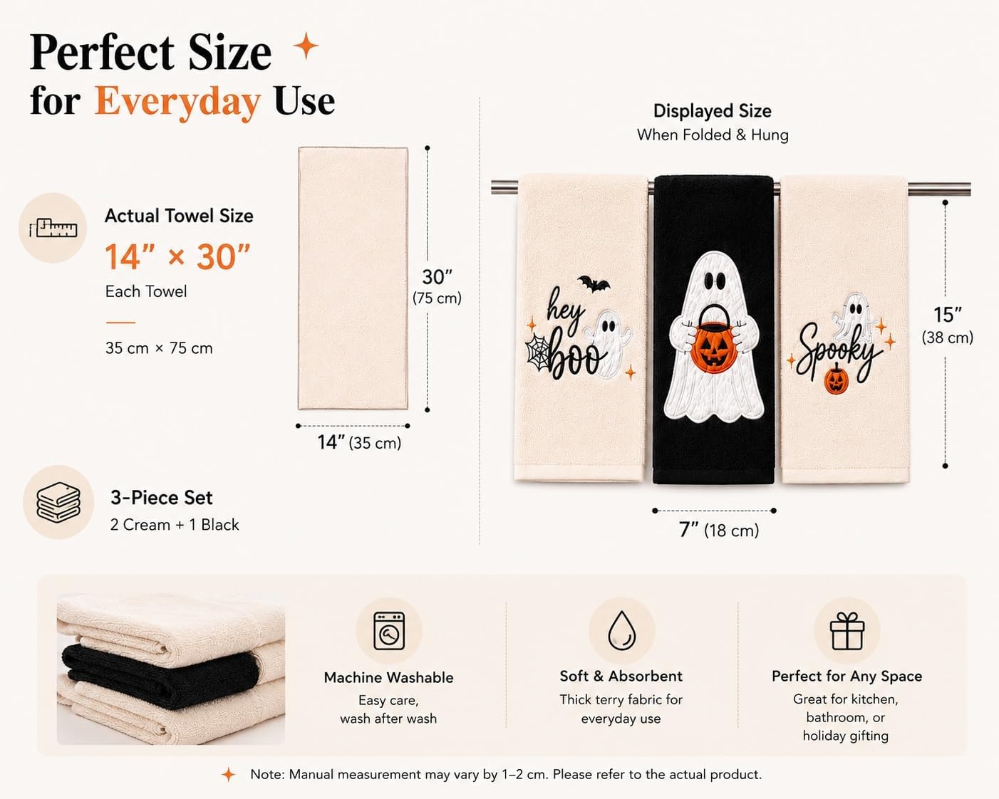 3 Pcs Halloween Hand Towels for Bathroom Kitchen Decor, Funny Spooky Ghost Embroidered Decorative Towels Set, 100% Cotton Soft Absorbent Hand Towels, 14 x 30 Inch, Cream Black