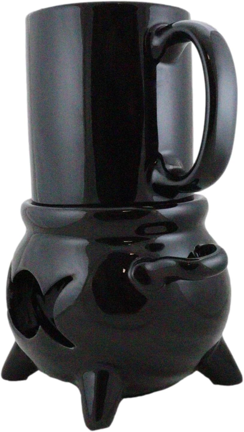 Ebros Gift Gothic Alchemy Witchcraft Wiccan Votive Tea Light Candle Holder Mug Warmer Silhouette Shadow Caster and Black Drinking Cup Set (Triple Moon Goddess Cauldron)