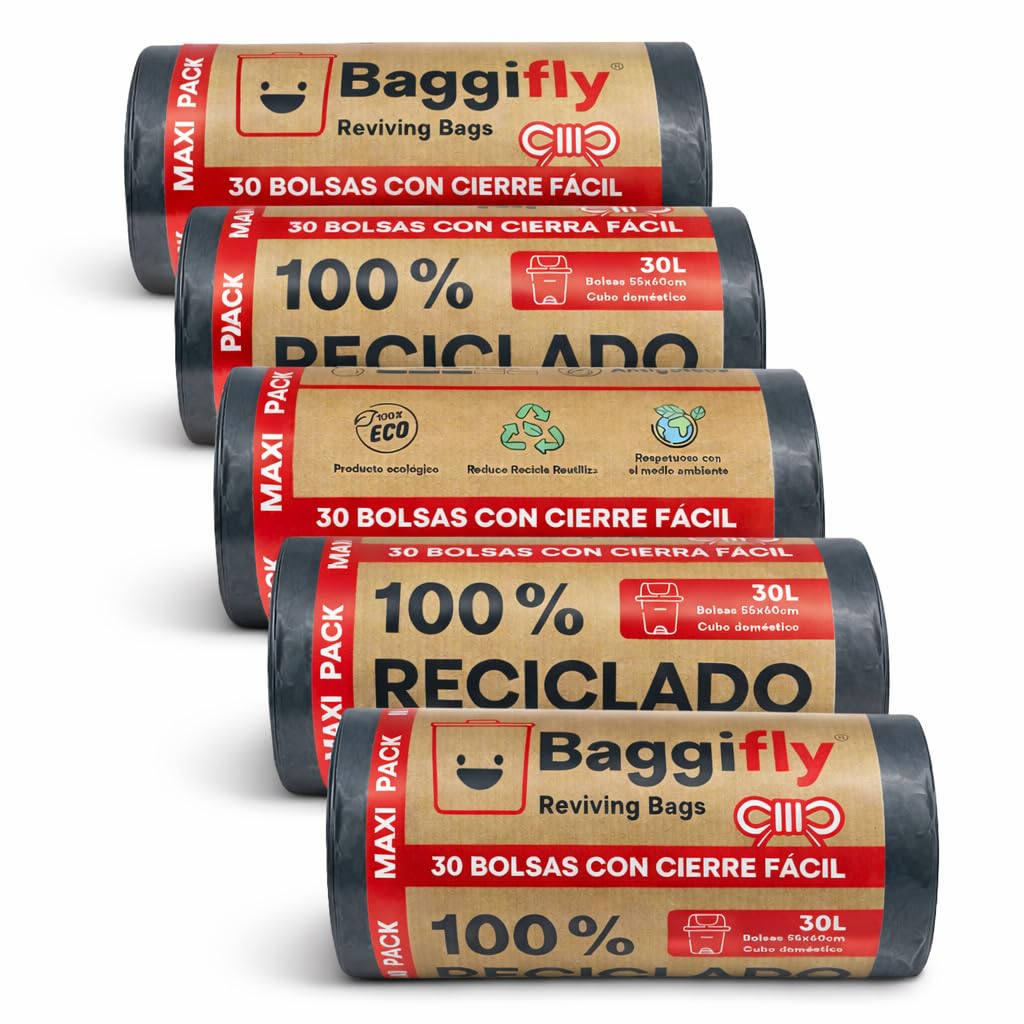 Baggifly, Bolsas de Basura 30L, 150 Bolsas Muy Resistentes, 100% Recicladas, Cierra Fácil, ECO Friendly, Uso Doméstico, Pack 5 x 30, Fabricado en España