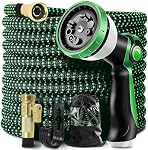 Expandable Garden Hose 25ft Flexible Water Hose, 10 Function Sprayer Nozzle, 3/4 Inch Solid Metal Fittings Lawn Yard Garden Outdoor Hose(Black and Green)
