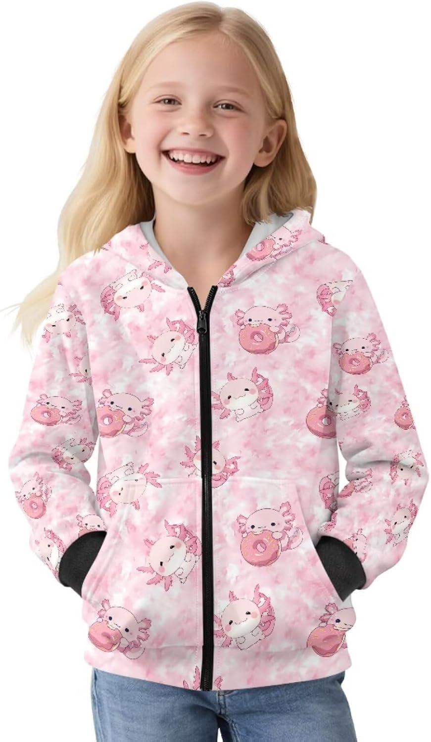 Kids Hoodie Soft Brushed Plus Velvet Fleece Zip-Up Hooded Sweatshirt Students Cartoon Jacket with Pocket