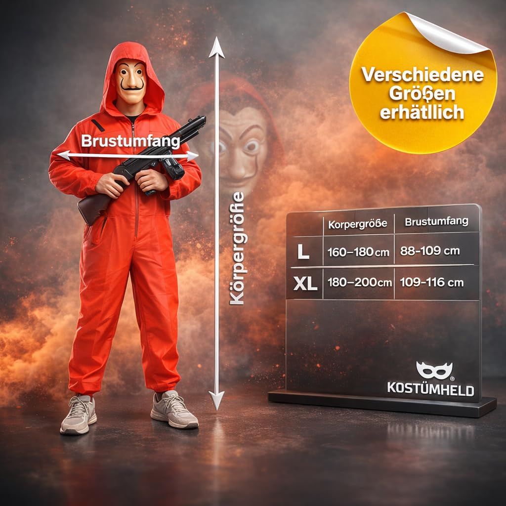 TK Gruppe Timo Klingler Kostimheld® zestaw kostiumowy 3 w 1 - dom pieniędzy dla dorosłych, unisex, z maską Dali Salvador, broń, garnitur na karnawał i Halloween