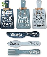 PHPandaHall 6pcs Rustic Wooden Kitchen Signs - Bless Food Fork Spoon Dish Plaques, Blue Wall Table Decor Set 11x5.5 Inch