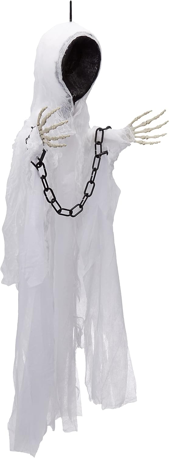 Side view of the Boland Faceless Ghost Spectrum Decoration, highlighting the draping white robe and the position of the skeleton hands.