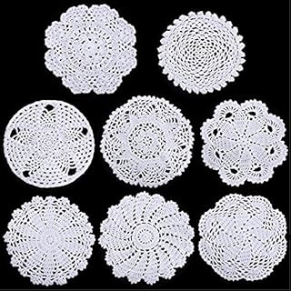 8 Pieces 6 to 8 Inch Cotton Lace Doilies Crochet Handmade Lace Coasters Round Lace Placemat Rustic Table Doilies Decors for Kitchen Dining Room Party Dressers Dream Catcher Decoration (White)