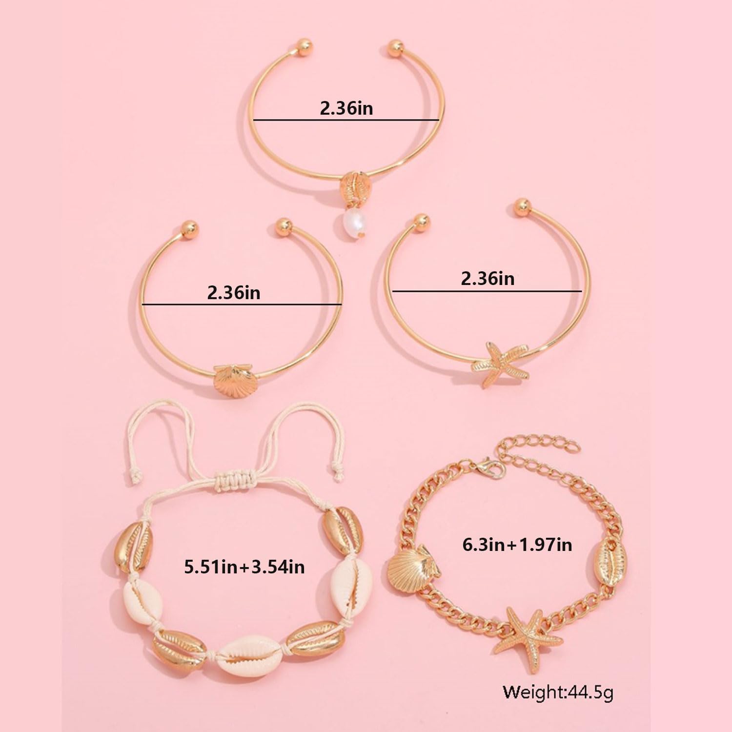 Gold Starfish Shell Bracelet for Women Boho Starfish Seashell Pearl Stack Bracelets Layered Shell Starfish Bangle Bracelet Summer Beach Jewelry Gifts for Women - Image 4