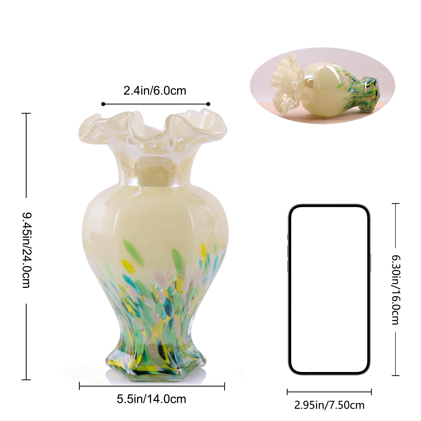 LCCCK Vaso di vetro verde alto 24,1 cm, bellissimo vaso di fiori in vetro soffiato a mano per centrotavola, vaso moderno in vetro di Murano verde, per decorazione domestica, tavolo, ingresso