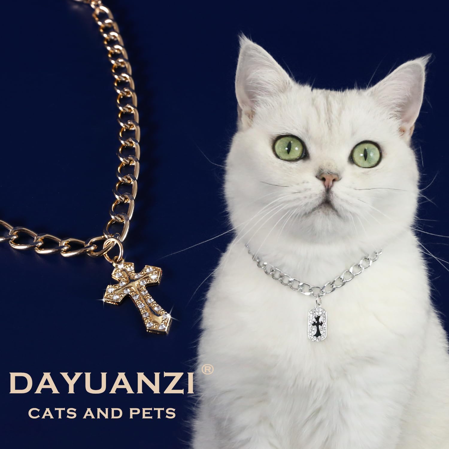 Gold Cats and Dogs Chain Diamond Crysta Cross Sign Pendant Collar Walking Metal Chain Necklace Pet Cuban Style Collar Jewelry Accessories (Bring Jewelry Box) (XS) image 4