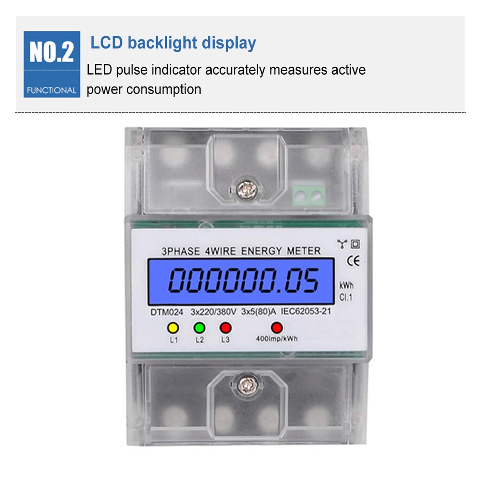 Medidor De Consumo Electrico, Medidor de energía de carril DIN trifásico de 4 cables, retroiluminación LCD de plástico, 5-80A, 35mm, antióxido, a prueba de golpes, for construcción de oficinas, vatíme